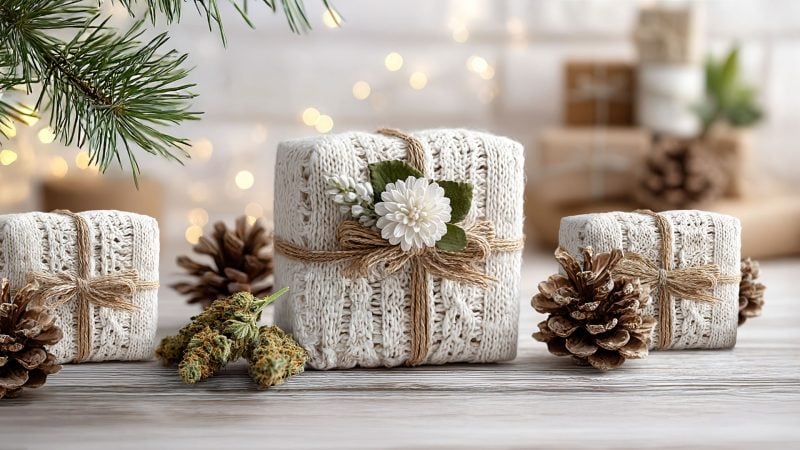 Cozy holiday gift boxes wrapped in cream knit fabric and twine, styled with pinecones, greenery, and cannabis buds on a rustic wooden surface.