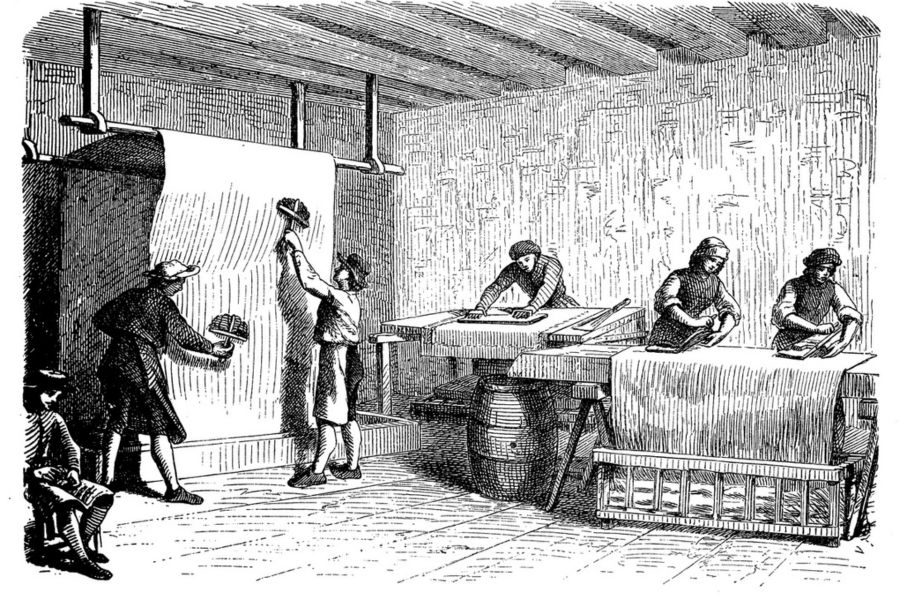 Illustration of 16th-century workers producing garments of natural fibers that likely included hemp