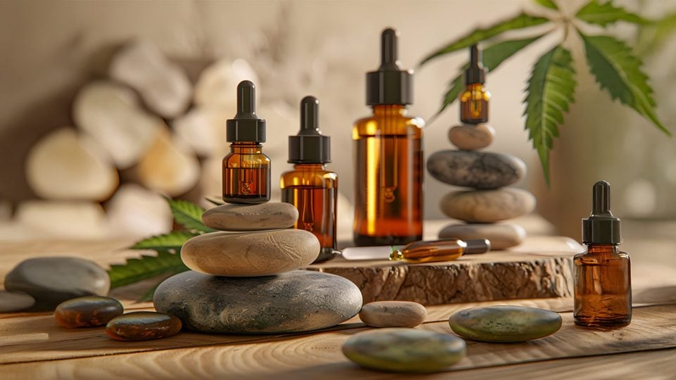 Amber glass dropper bottles of CBD oil arranged with smooth stones and cannabis leaves.