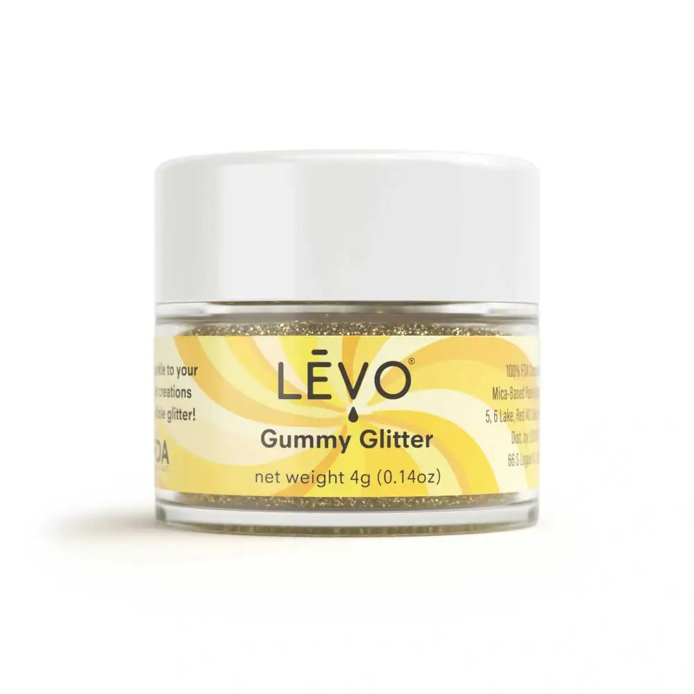 Jar of LEVO Gummy Glitter in gold, adding an edible shimmer to homemade THC or CBD gummies — vegan, sugar-free, and food-safe.