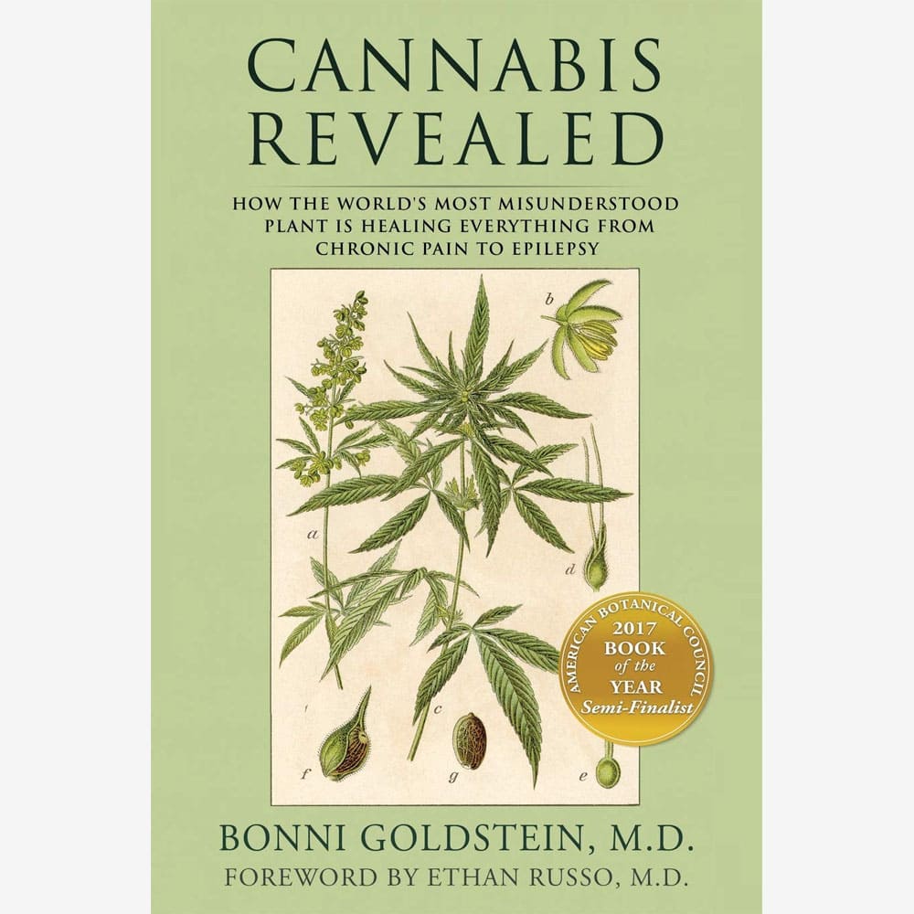 Cover of “Cannabis Revealed” by Dr. Bonni Goldstein, featuring a clean white background with a green cannabis leaf and subtitle about the plant’s therapeutic potential.