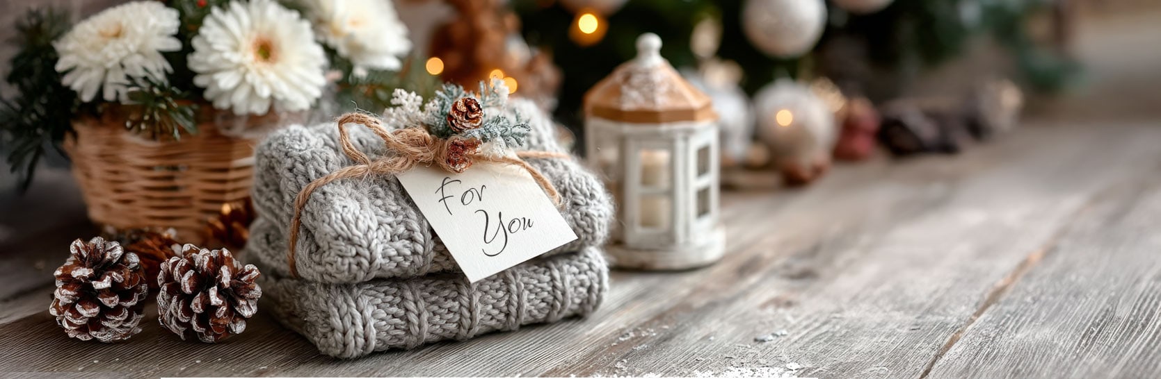 A cozy, wrapped gift with a handwritten “For You” tag placed among winter décor, symbolizing personal and intentional gift-giving.