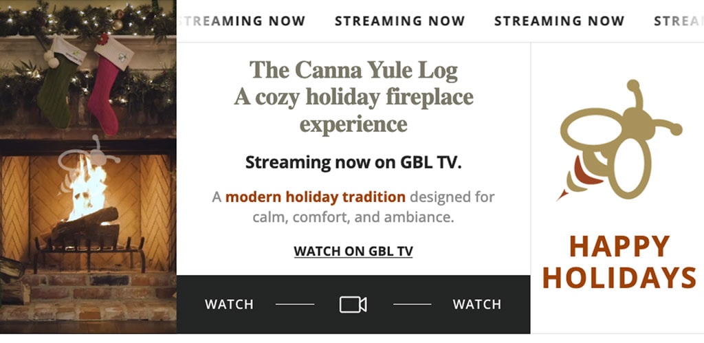 CannaYule Log streaming on GBL TV as a cozy holiday fireplace experience