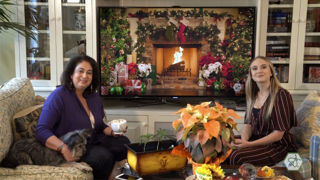 Maria Calabrese and Emily Plizak seated in a living room with the CannaYule Log streaming on a television as a cozy holiday backdrop