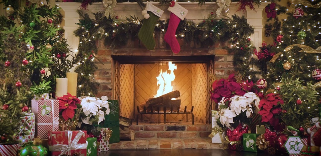 CannaYule Log burning on screen, designed as a calm holiday ambiance experience